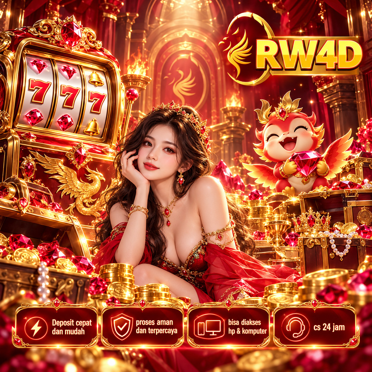 RW4D: poster merah emas dengan karakter, mesin permainan dan maskot phoenix